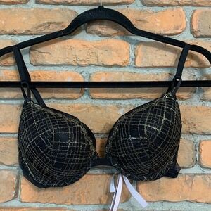 Victoria's Secret Push Up Bra Womens Size 34C Black Gold Plaid Lined Demi Padded